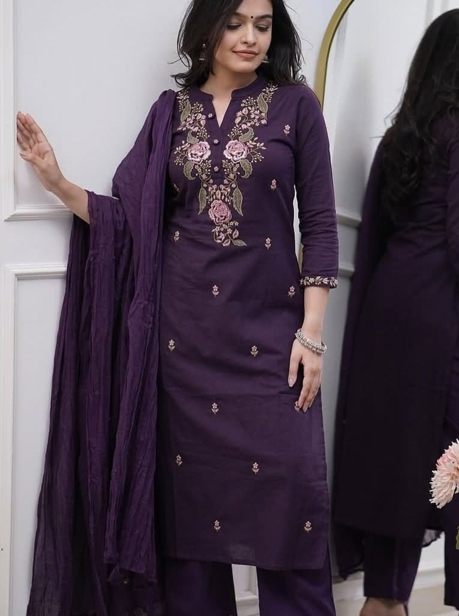 RICH LOOK RAYON SLUB EMBROIDERY WORK TOP BOTTOM WITH DUPATTA FESTIVE WEAR WHOLESALE PRICE ETHNIC GARMENT (2)