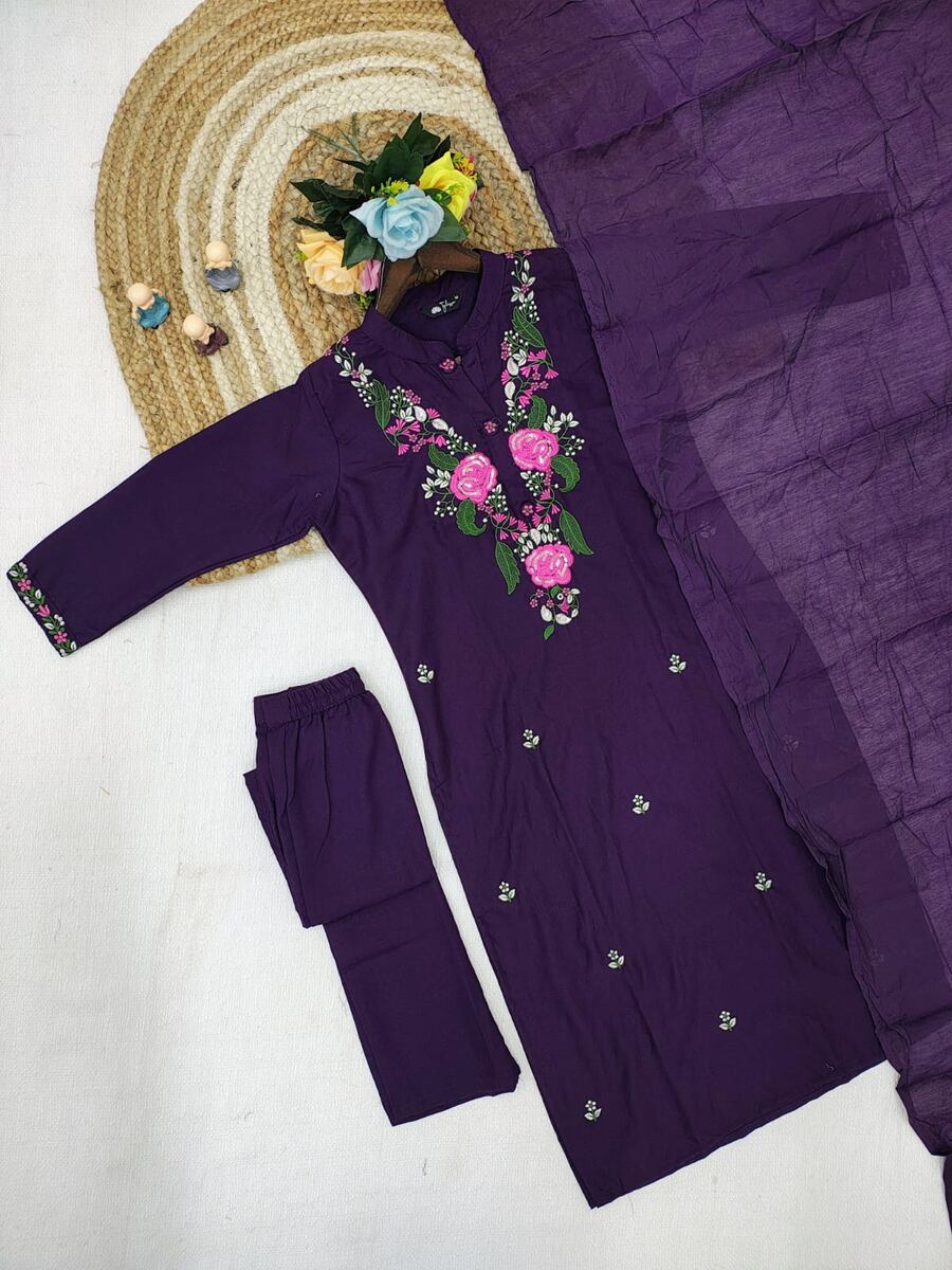 RICH LOOK RAYON SLUB EMBROIDERY WORK TOP BOTTOM WITH DUPATTA FESTIVE WEAR WHOLESALE PRICE ETHNIC GARMENT (4)