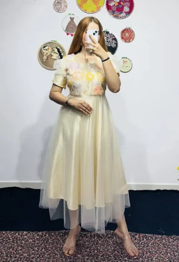 RICH LOOK SATIN BEADS AND NET WORK ONE PIECE DRESS YELLOW