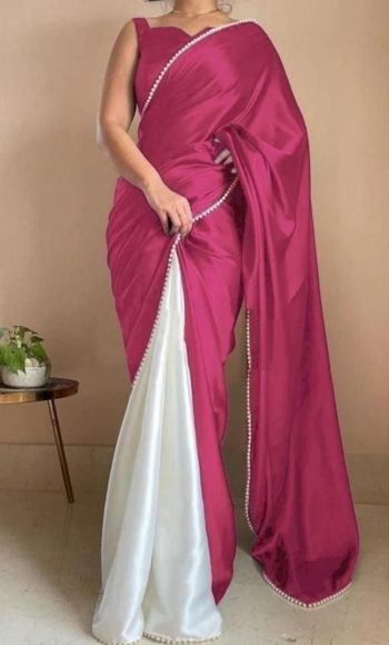 RICH LOOK SATIN PEARL LACE BORDER WORK SAREE WITH UNSTITCHED BLOUSE PINK