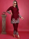 RICH LOOK SLUB COTTON EMBROIDERY WORK CO-ORD SET MAROON