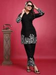 RICH LOOK SLUB COTTON EMBROIDERY WORK CO-ORD SET BLACK