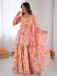 RICH LOOK TABBY ORGANZA FLORAL PRINT WITH MIRROR  LACE WORK TOP PALAZZO WITH DUPATTA ORANGE