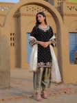 RICH LOOK VELVET SEQUENCE & ZARI EMBROIDERY WORK WITH CUTWORK BORDER WORK TOP SILK BOTTOM WITH DUPATTA  BLACK AND GREY