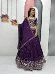 RICH LOOK VICHITRA SILK EMBROIDERY THREAD & SEQUENCE WORK LEHENGA CHOLI WITH DUPATTA PURPLE