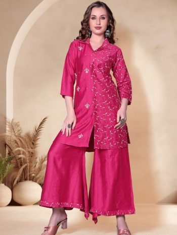 RICH LOOK VISCOSE EMBROIDERY WORK KURTI PALAZZO SET PINK