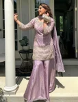 SHIMMER SILK SEQUENCE & ZARI EMBROIDERY WORK TOP PALAZZO WITH DUPATTA LAVENDER