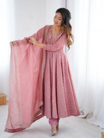 TRENDING CRUNCHY SILK EMBROIDERY SEQUENCE WORK GOWN BOTTOM WITH DUPATTA BABY PINK