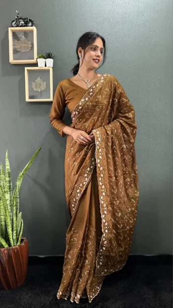 TRENDING GEORGETTE SILK EMBROIDERY MULTI SEQUENCE &CUT WORK READY TO WEAR SAREE WITH UNSTITCHED BLOUSE CHIKU