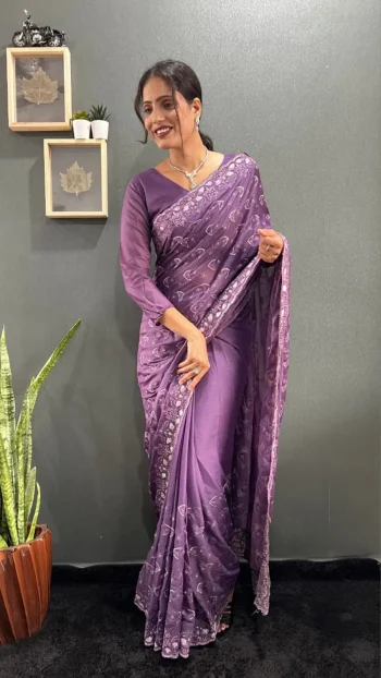 TRENDING GEORGETTE SILK EMBROIDERY MULTI SEQUENCE &CUT WORK READY TO WEAR SAREE WITH UNSTITCHED BLOUSE PURPLE