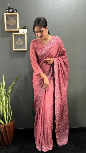TRENDING GEORGETTE SILK EMBROIDERY MULTI SEQUENCE &CUT WORK READY TO WEAR SAREE WITH UNSTITCHED BLOUSE PEACH