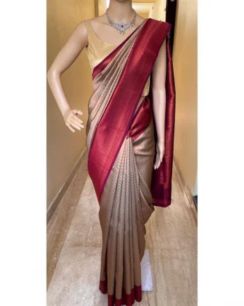TRENDING LICHI SILK BANARASI WEAVING WORK SAREE WITH UNSTITCHED BLOUSE CREAM