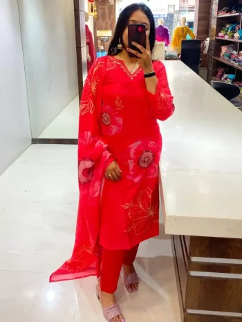 FANCY MUSLIN SILK PRINTED WITH HEAVY HANDWORK TOP BOTTOM WITH DUPATTA RED