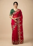 DESIGNER FENDY CHIFFON EMBROIDERY CUTWORK WORK AARC BORDER WORK SAREE WITH UNSTITCHED BLOUSE RED