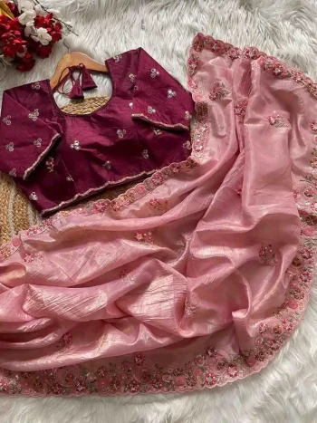 DESIGNER GOLD CRUSH MULTI THREAD SEQUENCE CONTRAST PALLU WORK WITH ARC CUT BORDER WORK SAREE WITH UNSTITCHED BLOUSE PINK