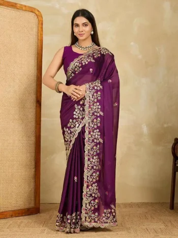 DESIGNER RANGOLI SILK EMBROIDERY SEQUANCE WITH CUTWORK BORDER WORK SAREE WITH UNSTITCHED BLOUSE WINE