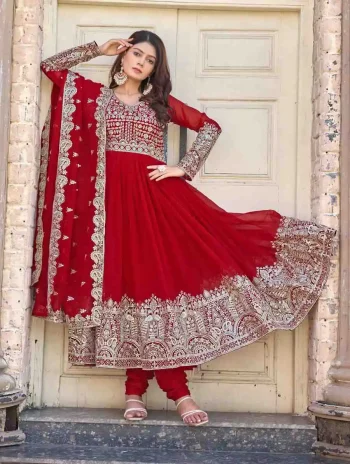 FANCY GEORGETTE EMBROIDERY SEQUENCE WORK GOWN BOTTOM WITH DUPATTA RED