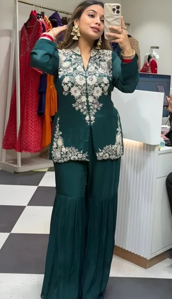 FANCY GEORGETTE MULTI-THREAD EMBROIDERY + SEQUENCE WORK TOP AND SHARARA SET GREEN