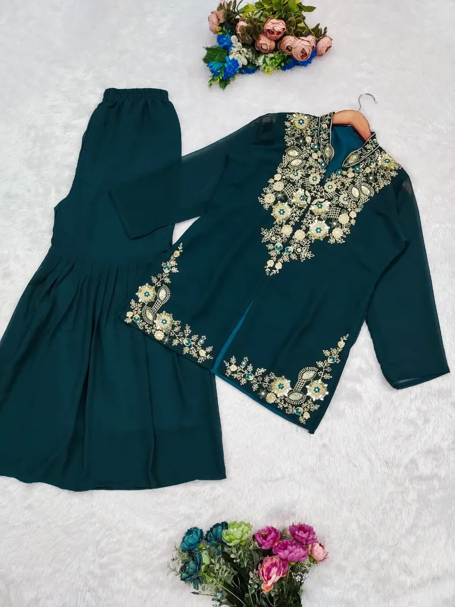 1FANCY GEORGETTE MULTI-THREAD EMBROIDERY + SEQUENCE WORK TOP AND SHARARA SET PARTY WEAR WHOLESALE PRICE ETHNIC GARMENT (15)