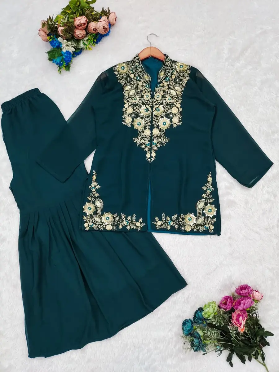 1FANCY GEORGETTE MULTI-THREAD EMBROIDERY + SEQUENCE WORK TOP AND SHARARA SET PARTY WEAR WHOLESALE PRICE ETHNIC GARMENT (16)