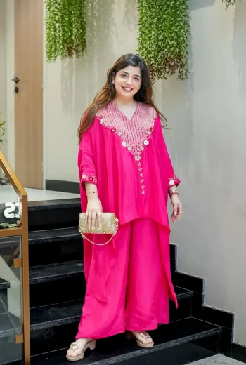 MODERN CHINON CORDED EMBROIDERY WORK CO-ORD SET PINK