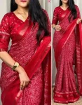 MODERN DOLA SILK ZARI WEAVING AND SEQUENCE WORK BORDER AND KALAMKARI PRINT WORK SAREE WITH UNSTITCHED BLOUSE RED