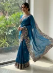 MODERN FENDY CHIFFON EMBROIDERY CUTWORK WORK AARC BORDER WORK SAREE WITH UNSTITCHED BLOUSE BLUE