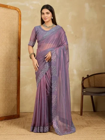 MODERN FENDY SOFT NET SWAROVSKI WITH CUT WORK SAREE WITH UNSTITCHED BLOUSE LAVENDER