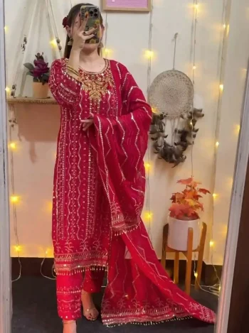 MODERN GEORGETTE EMBROIDERY SEQUENCE WORK WITH PEARL MOTI & REAL MIRROR HAND WORK TOP BOTTOM WITH DUPATTA RANI