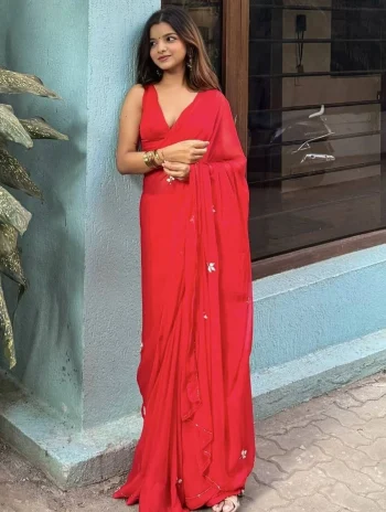 MODERN GEORGETTE HANDWORK CUT DANA BORDER WORK SAREE WITH UNSTITCHED BLOUSE RED