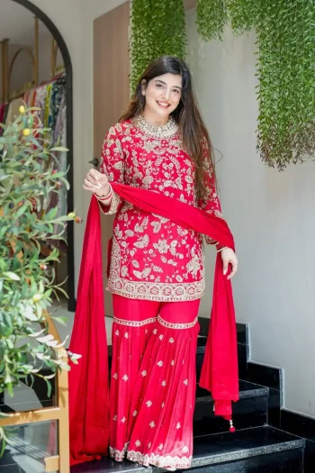 MODERN GEORGETTE MULTI-THREAD EMBROIDERY + SEQUENCE WORK TOP SHARARA WITH DUPATTA RANI