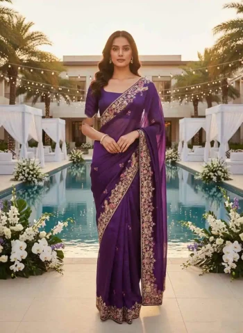 MODERN JIMMY CHOO EMBROIDERY SEQUANCE WITH CUTWORK BORDER WORK SAREE WITH UNSTITCHED BLOUSE PURPLE