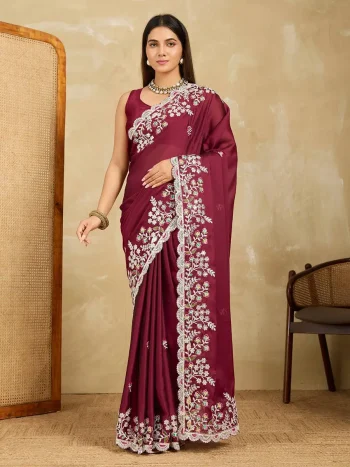 MODERN RANGOLI SILK EMBROIDERY SEQUANCE WITH CUTWORK BORDER WORK SAREE WITH UNSTITCHED BLOUSE MAROON