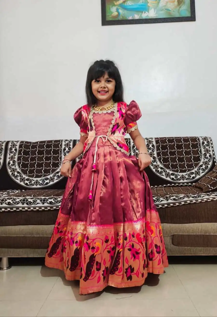 1NEW ARRIVAL KANJIVARAM SILK PAITHANI DESIGN JACKET WITH PAITHANI HEAVY MATCHING BORDER WORK KID'S GOWN FESTIVE WEAR WHOLESALE PRICE ETHNIC GARMENT (10)