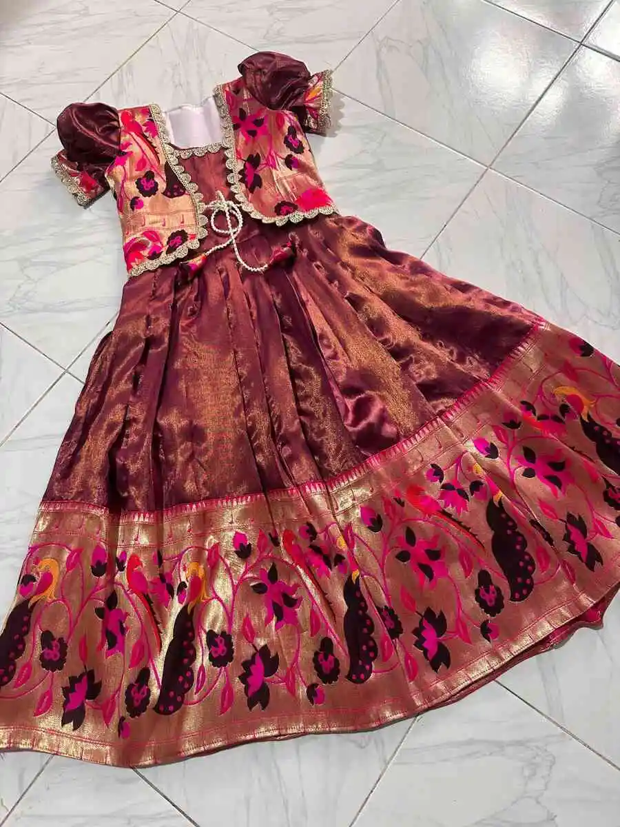 1NEW ARRIVAL KANJIVARAM SILK PAITHANI DESIGN JACKET WITH PAITHANI HEAVY MATCHING BORDER WORK KID'S GOWN FESTIVE WEAR WHOLESALE PRICE ETHNIC GARMENT (9)