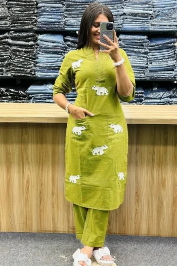 NEW ARRIVAL RAYON EMBROIDERY WORK TOP PENT SET PARROT GREEN