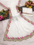 RICH LOOK GEORGETTE MULTI THREAD EMBROIDERY WORK SAREE WITH UNSTITCHED BLOUSE WHITE