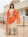 TRADITIONAL TISSUE SILK EMBROIDERY THREAD SEQUENCE WORK LEHENGA CHOLI WITH DUPATTA ORANGE