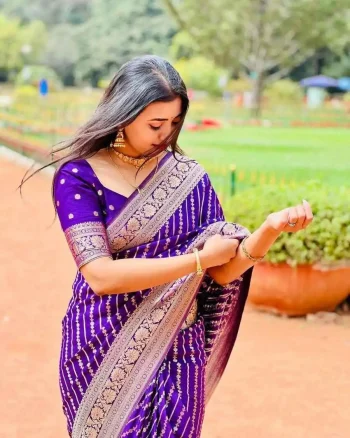 TRENDING LICHI SILK BANARASI WEAVING WORK SAREE WITH UNSTITCHED BLOUSE PURPLE