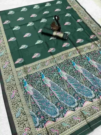 DESIGNER BANARASI SILK 3D WEAVING MINA WITH ZARI WEAVING RICH PALLU AND BORDER WORK SAREE WITH UNSTITCHED BLOUSE GREEN