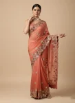 DESIGNER FENDY CHIFFON EMBROIDERY CUTWORK WORK AARC BORDER WORK SAREE WITH UNSTITCHED BLOUSE PEACH
