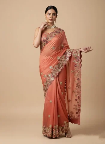 DESIGNER FENDY CHIFFON EMBROIDERY CUTWORK WORK AARC BORDER WORK SAREE WITH UNSTITCHED BLOUSE PEACH