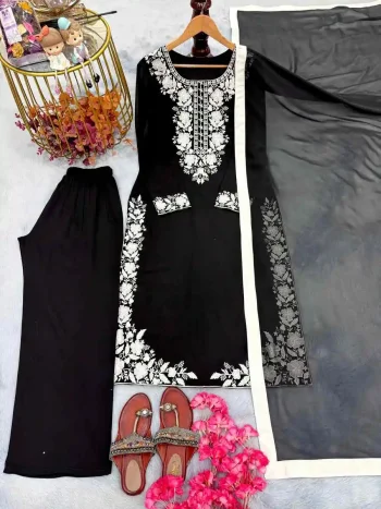 DESIGNER GEORGETTE EMBROIDERY WORK TOP PALAZZO WITH DUPATTA WHITE AND  BLACK