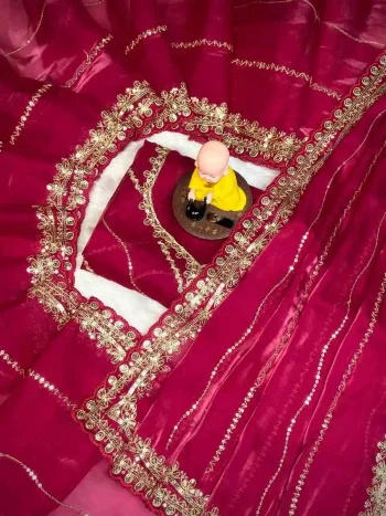 DESIGNER JIMMY CHOO SEQUENCE ZARI WORK AARCO BORDER WORK SAREE WITH UNSTITCHED BLOUSE PINK