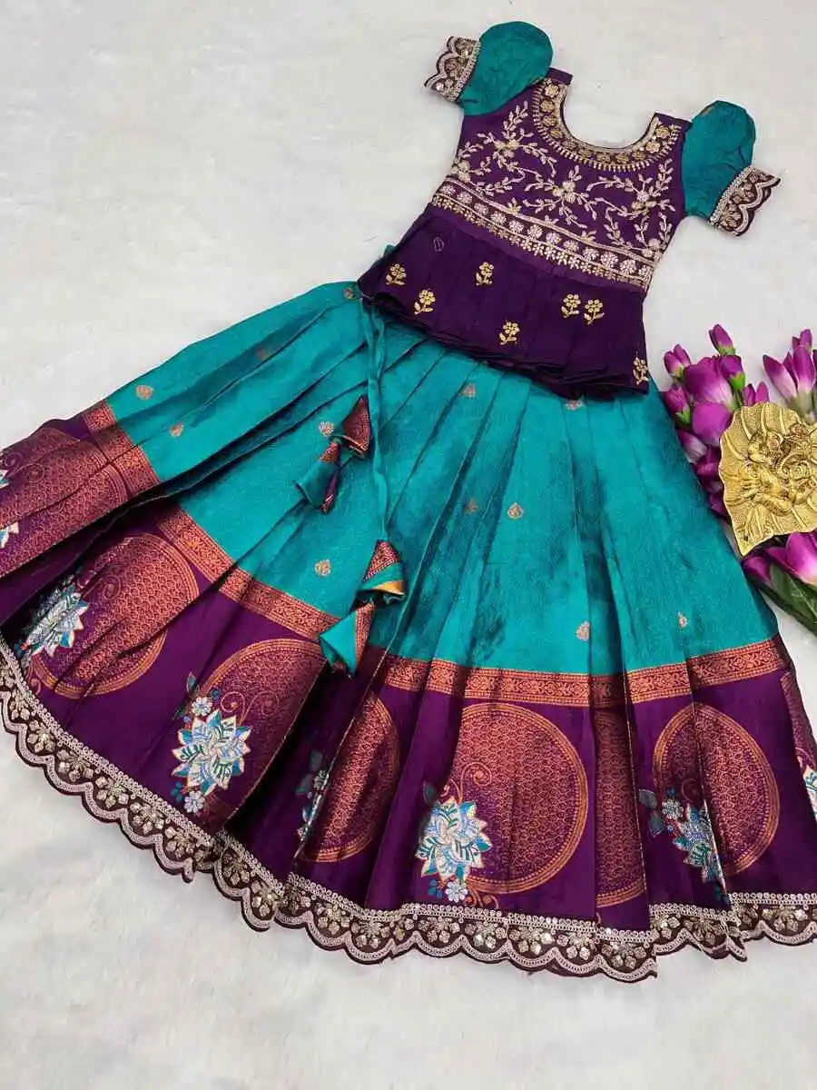 2DESIGNER SILK WEAVING WORK WITH BORDER ZARI WEAVING AND EMBROIDERY CUTWORK LACE WORK KID'S TOP AND LEHENGA FESTIVE WEAR WHOLESALE PRICE ETHNIC GARMENT (11).jpg.webp