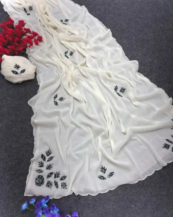 DESIGNER STAR GEORGETTE MULTI COLOR PATCH WORK AND HANDWORK BORDER WORK SAREE WITH UNSTITCHED BLOUSE WHITE AND BLUE