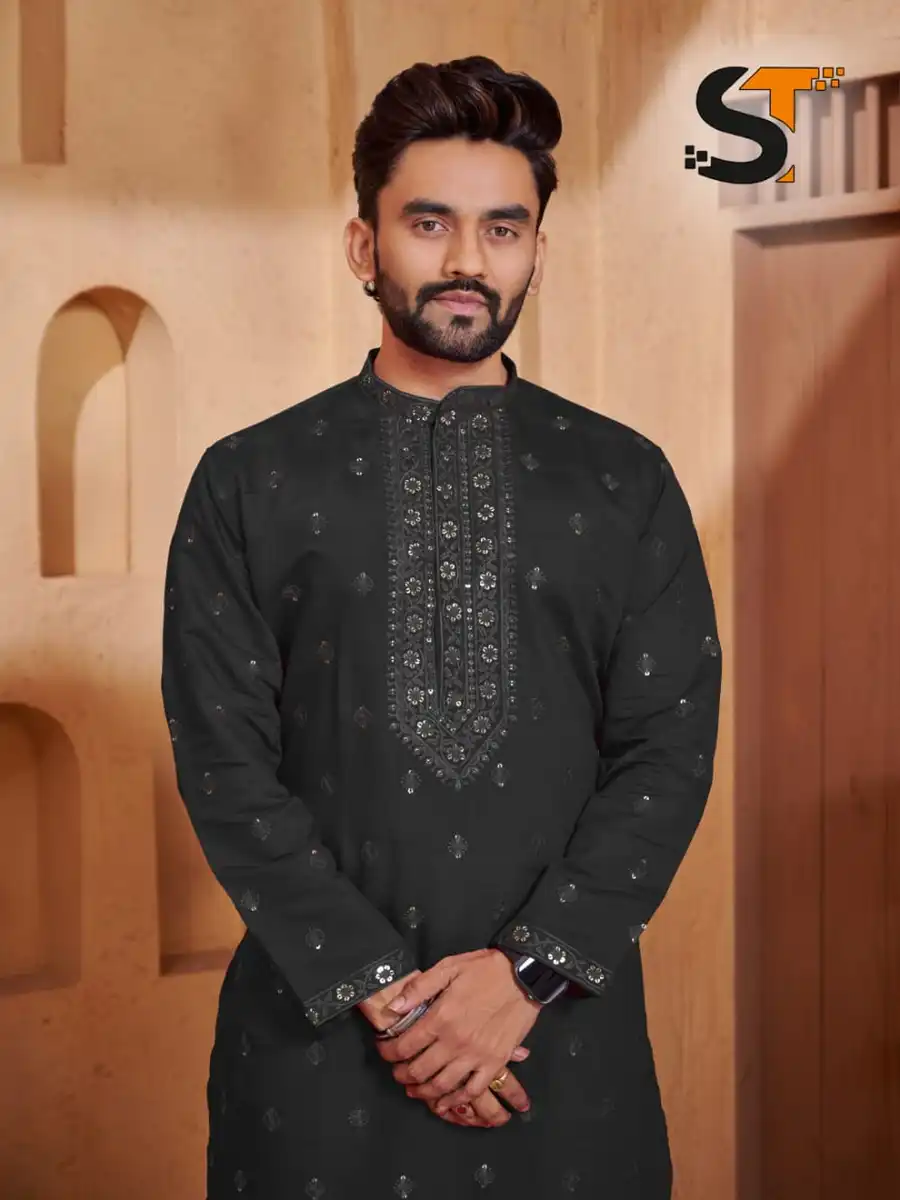 2FANCY 14KG SILK EMBROIDERY SEQUENCE WORK MEN'S KURTA PAYJAMA FESTIVE WEAR WHOLESALE PRICE ETHNIC GARMENT (5)