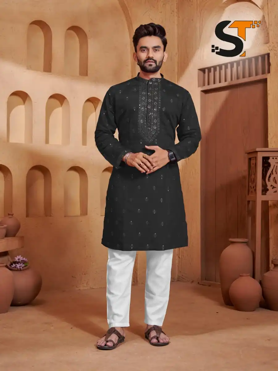 2FANCY 14KG SILK EMBROIDERY SEQUENCE WORK MEN'S KURTA PAYJAMA FESTIVE WEAR WHOLESALE PRICE ETHNIC GARMENT (6)