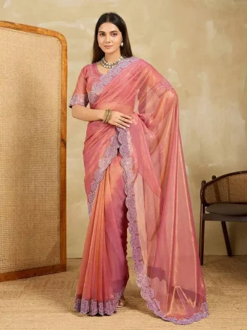 MODERN FENDY SOFT NET SWAROVSKI WITH CUT WORK SAREE WITH UNSTITCHED BLOUSE PEACH