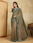 MODERN FENDY SOFT NET SWAROVSKI WITH CUT WORK SAREE WITH UNSTITCHED BLOUSE GREEN